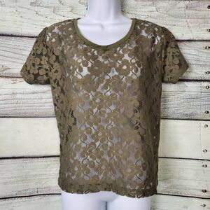 H&M Women’s Olive Green Sheer Floral Lace Short Sleeve Top Size M
